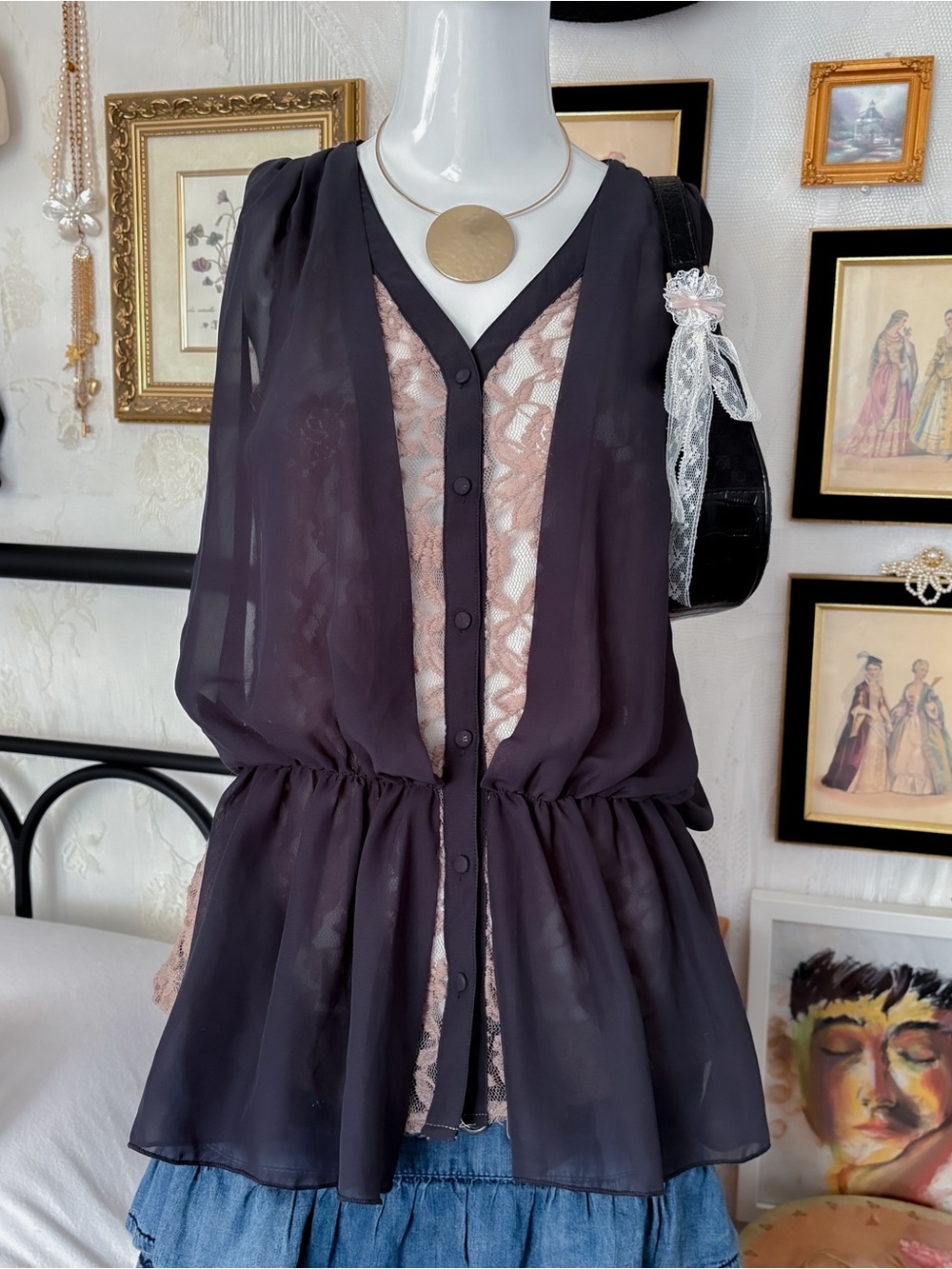 Coquette whimsigoth boho girly dusty rose sheer lace dark grey chiffon blouse